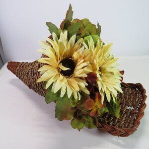 Cornucopia wicker basket with Fall floral arrangement Fall Decor, Thanksgiving